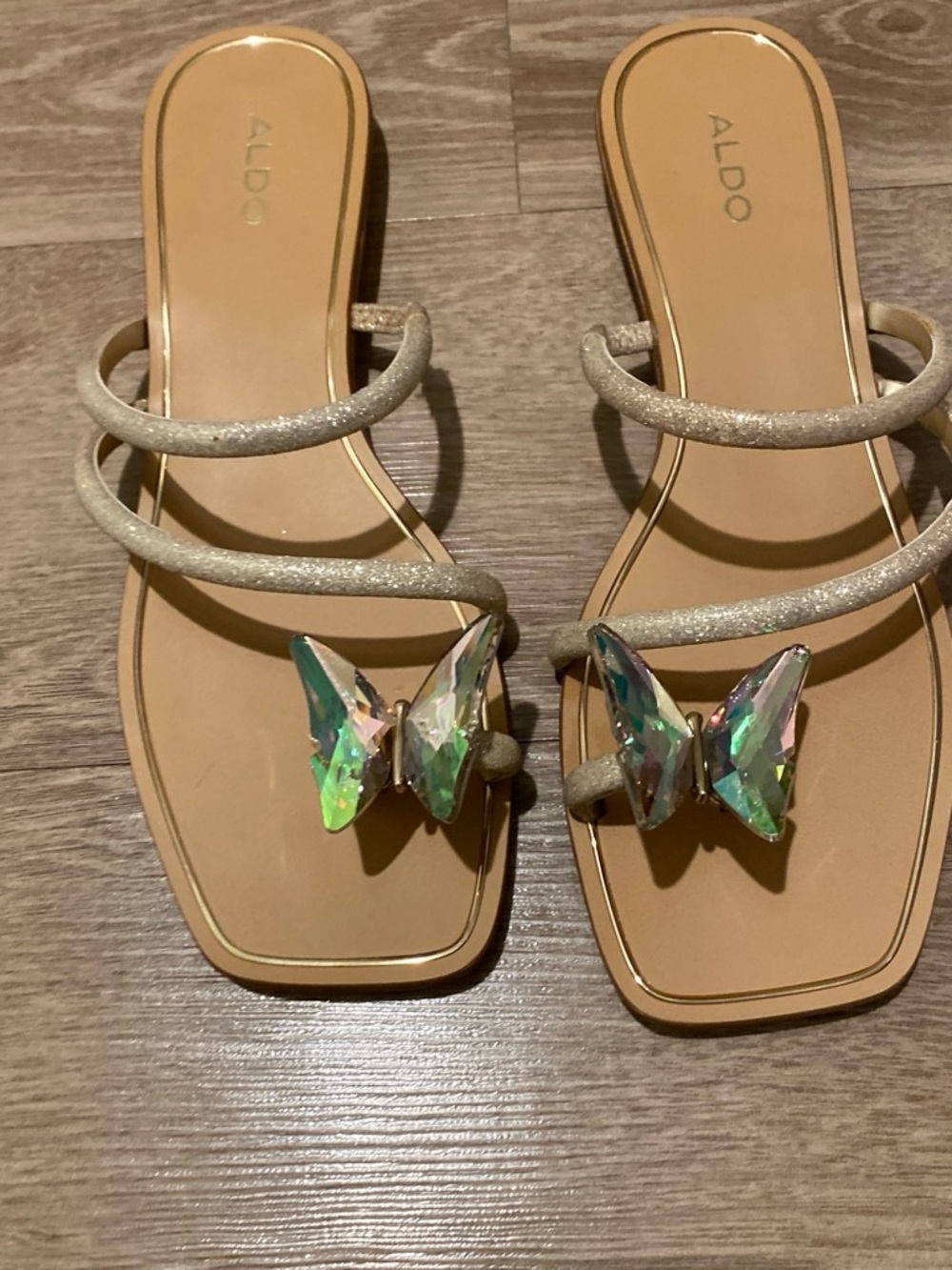 ALDO Beige Slide Sandals with Iridescent Butterfly Accents